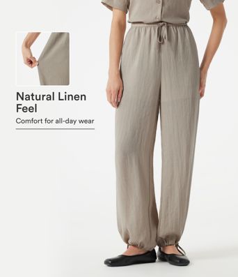 High-waisted Drawstring 2-in-1 Work Linen-Blend Barrel Leg Pants with Pockets