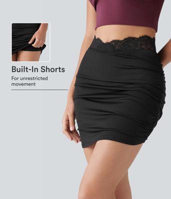 High Waisted Contrast Lace Ruched Curved Hem 2-in-1 Mini Bodycon Party Skirt