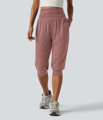 High Waisted Ruched Heathered Yoga Pedal Pushers Joggers with Pockets