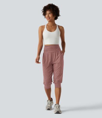 High Waisted Ruched Heathered Yoga Pedal Pushers Joggers with Pockets