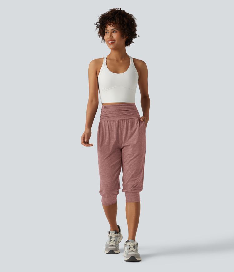 High Waisted Ruched Heathered Yoga Pedal Pushers Joggers with Pockets