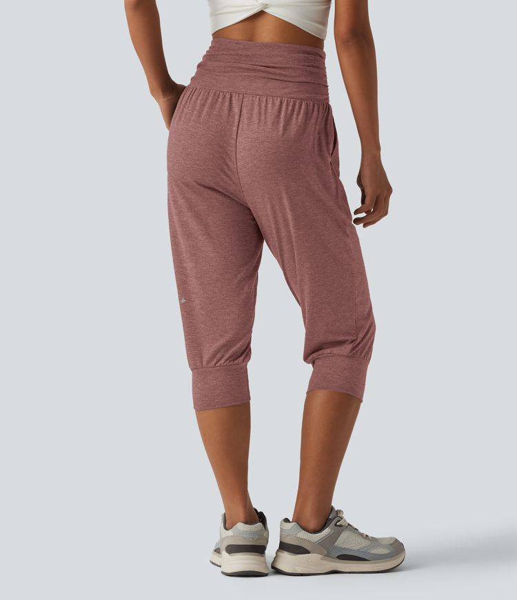 High Waisted Ruched Heathered Yoga Pedal Pushers Joggers with Pockets