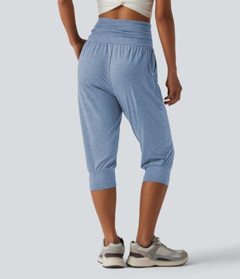 High Waisted Ruched Heathered Yoga Pedal Pushers Joggers with Pockets