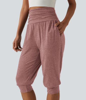 High Waisted Ruched Heathered Yoga Pedal Pushers Joggers with Pockets