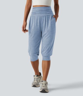 High Waisted Ruched Heathered Yoga Pedal Pushers Joggers with Pockets