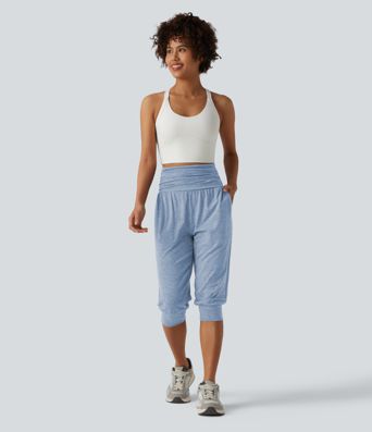 High Waisted Ruched Heathered Yoga Pedal Pushers Joggers with Pockets