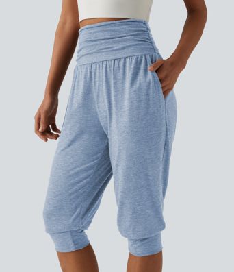 High Waisted Ruched Heathered Yoga Pedal Pushers Joggers with Pockets