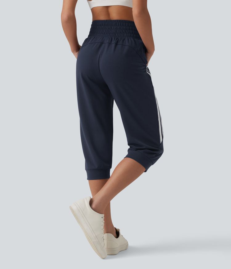 High Waisted Drawstring Stripe Capri Casual Joggers with Pockets High Waisted Drawstring Stripe Capri Casual Joggers with Pockets