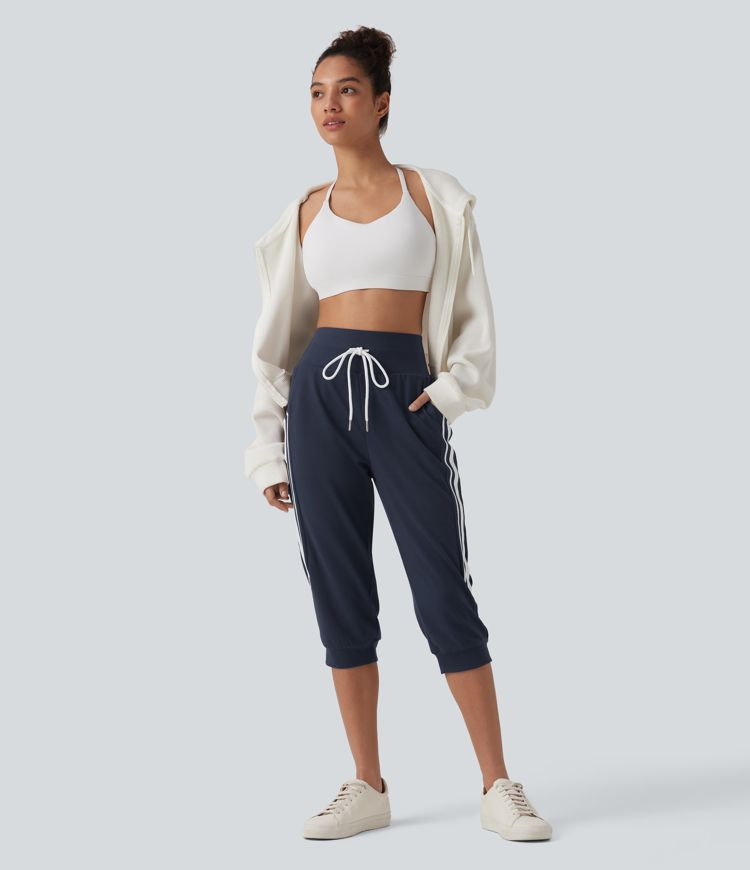 High Waisted Drawstring Stripe Capri Casual Joggers with Pockets High Waisted Drawstring Stripe Capri Casual Joggers with Pockets