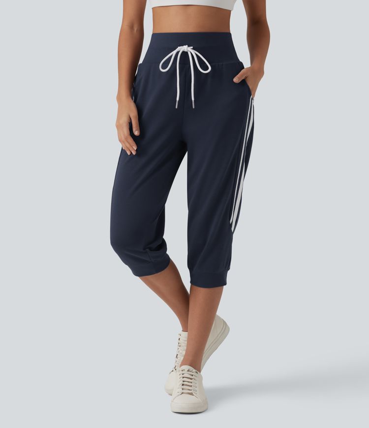 High Waisted Drawstring Stripe Capri Casual Joggers with Pockets High Waisted Drawstring Stripe Capri Casual Joggers with Pockets