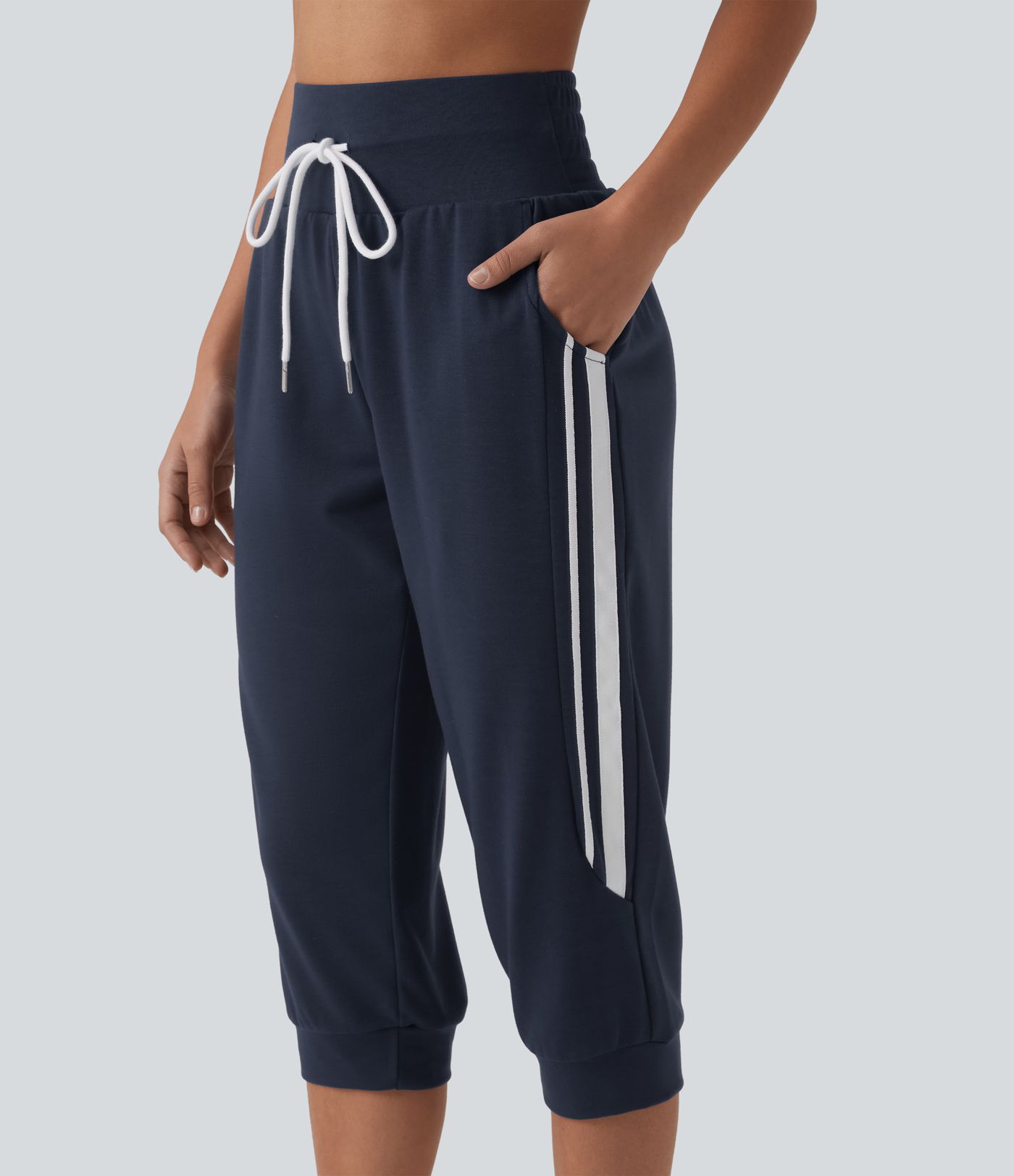 High Waisted Drawstring Stripe Capri Casual Joggers with Pockets High Waisted Drawstring Stripe Capri Casual Joggers with Pockets