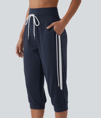 High Waisted Drawstring Stripe Capri Casual Joggers with Pockets High Waisted Drawstring Stripe Capri Casual Joggers with Pockets