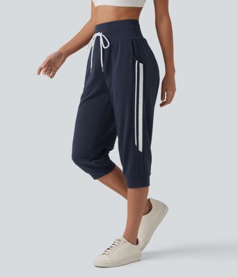 High Waisted Drawstring Stripe Capri Casual Joggers with Pockets High Waisted Drawstring Stripe Capri Casual Joggers with Pockets