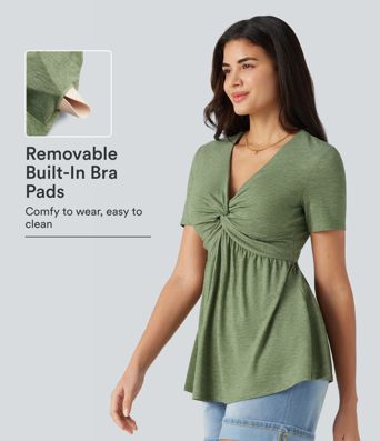V Neck Short Sleeve Built-in Bra Casual Top