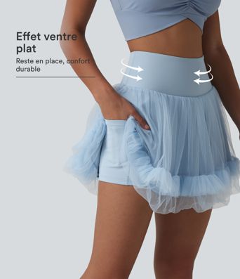 Jupe mini de sport 2 en 1 taille haute ventre plat en maille contrastée avec poches Jupe mini de sport 2 en 1 taille haute ventre plat en maille contrastée avec poches