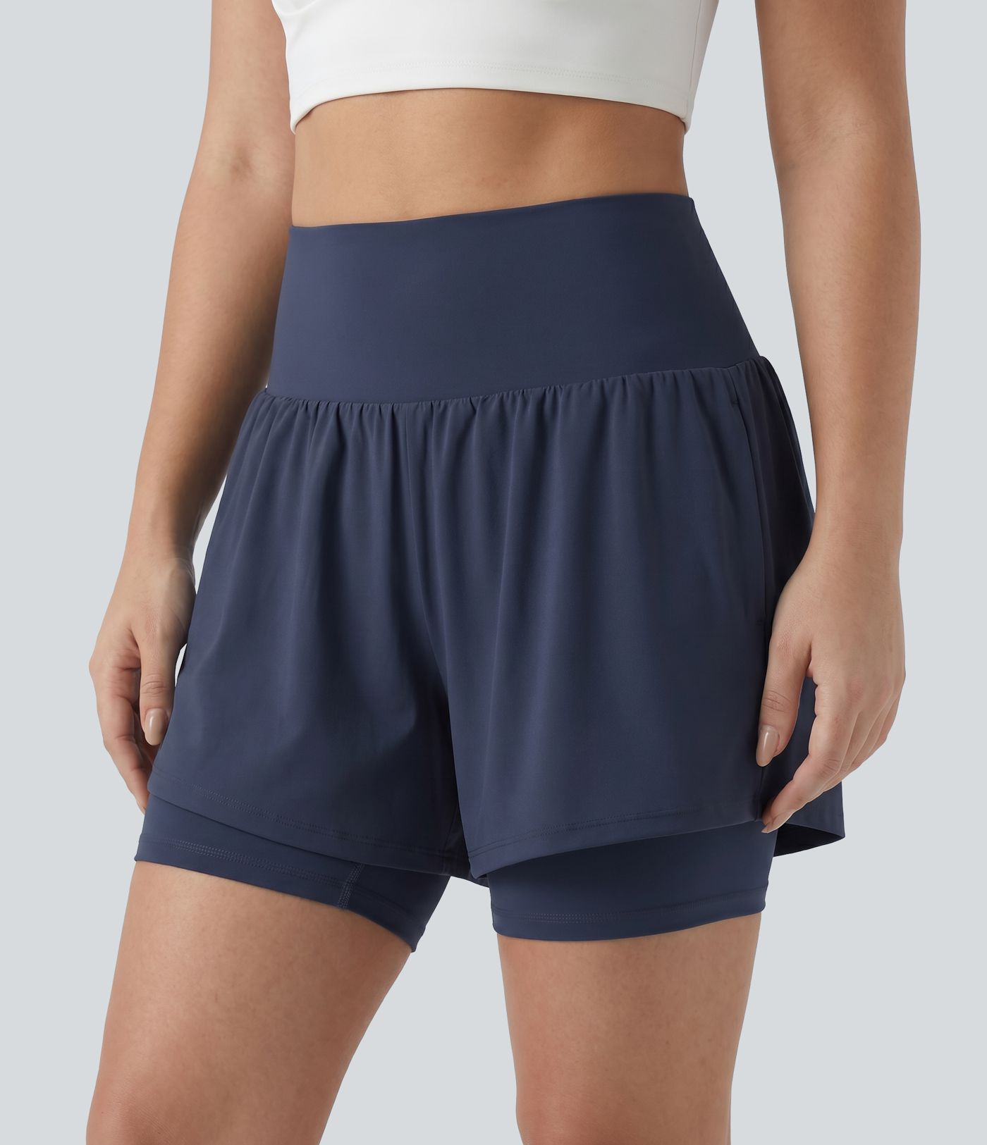 Plus Size SoftlyZero™ Airy Super High Waisted 2-in-1 Cool Touch Yoga Shorts 7'' with Pockets