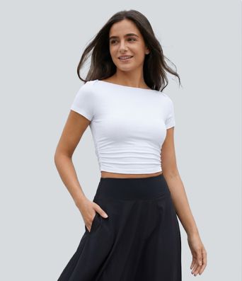 Slash Neck Short Sleeve Ruched Cropped Casual Baby Tee Slash Neck Short Sleeve Ruched Cropped Casual Baby Tee