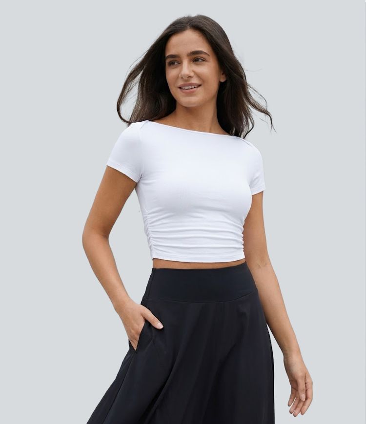 Slash Neck Short Sleeve Ruched Cropped Casual Baby Tee Slash Neck Short Sleeve Ruched Cropped Casual Baby Tee