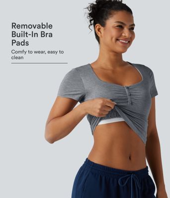 Diamond Collar Built-in Bra Short Sleeve Ruched Curved Hem Yoga Sports Top Diamond Collar Built-in Bra Short Sleeve Ruched Curved Hem Yoga Sports Top
