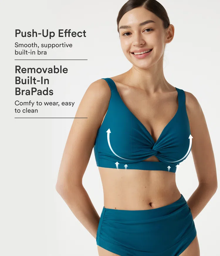 Deep V Neck Built-in Bra Push-Up Bikini Top Swimsuit