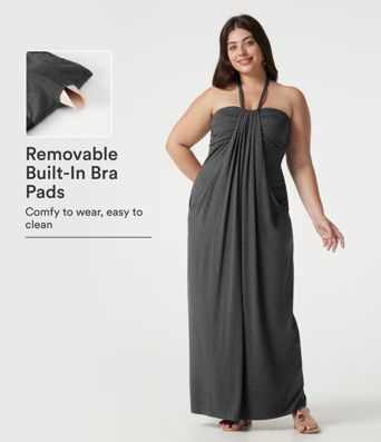 Maxikleid in großen Größen mit Neckholder (bindbarer Rücken), integriertem BH und Taschen