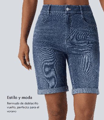 Halara Flex™ High Waisted Pockets Rolled Hem Washed Denim Casual Bermuda Shorts