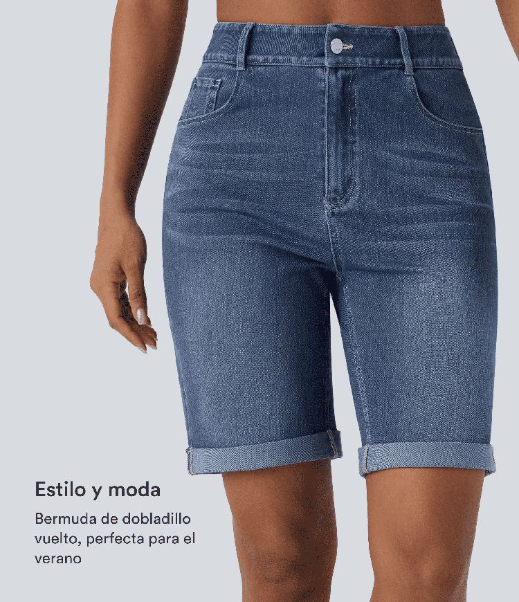 Halara Flex™ High Waisted Pockets Rolled Hem Washed Denim Casual Bermuda Shorts