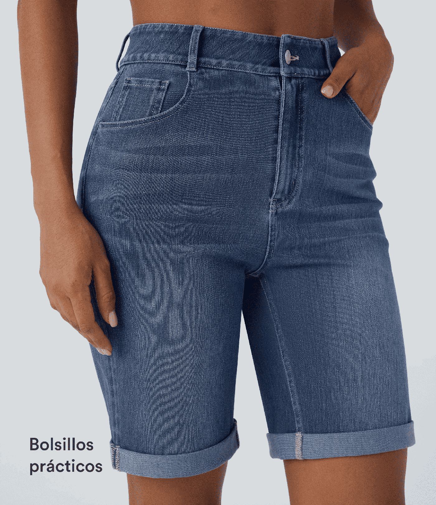 Halara Flex™ High Waisted Pockets Rolled Hem Washed Denim Casual Bermuda Shorts