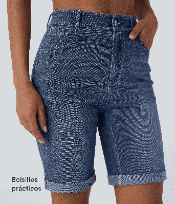 Halara Flex™ High Waisted Pockets Rolled Hem Washed Denim Casual Bermuda Shorts