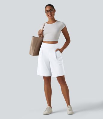 DayStretch High Waisted Pleated Work Bermuda Shorts 10'' with Pockets