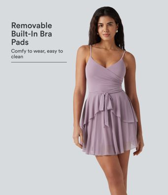 Robe nuisette mini demoiselle d'honneur et invitée de mariage avec brassière intégrée en mesh à col V noué et ourlet à volants Robe nuisette mini demoiselle d'honneur et invitée de mariage avec brassière intégrée en mesh à col V noué et ourlet à volants