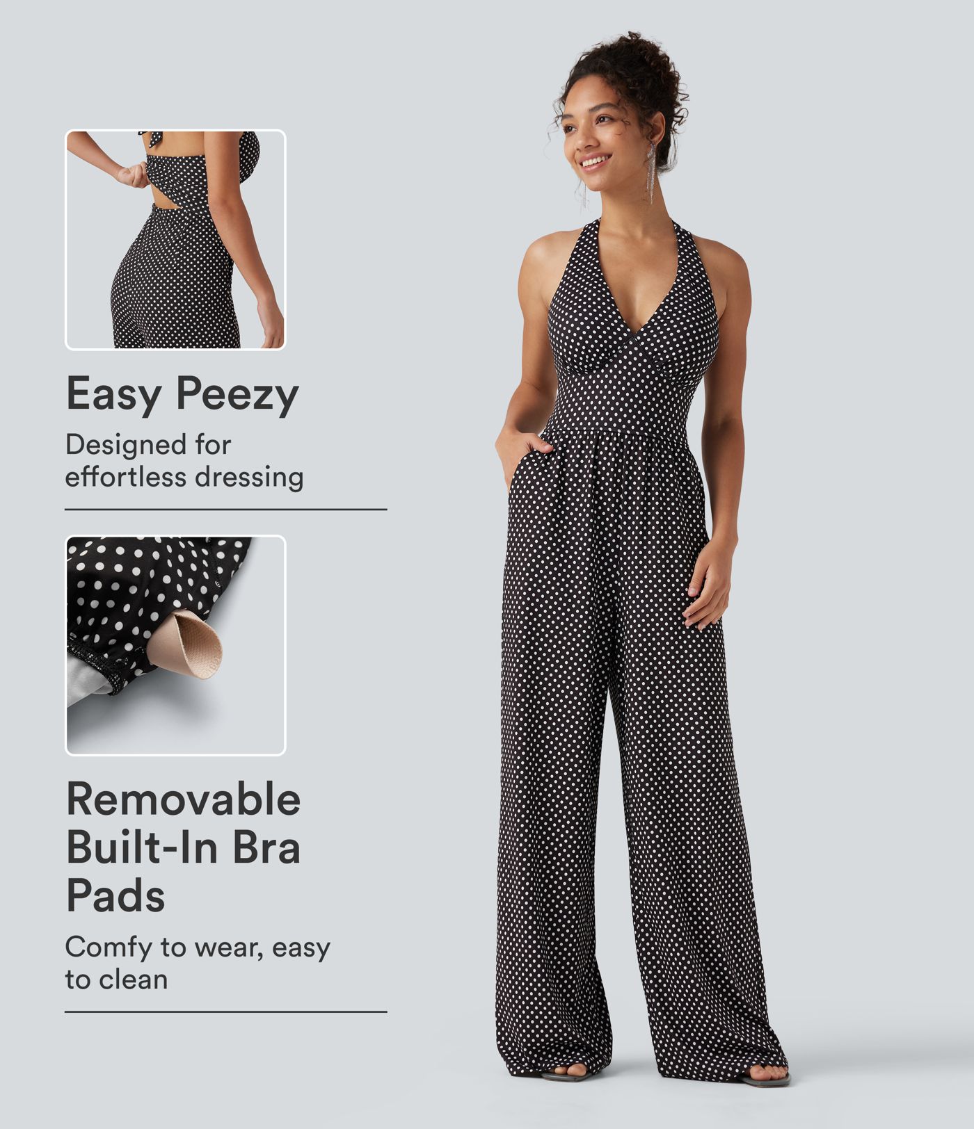 Halter Sleeveless Backless Built-in Bra Polka Dot Print Resort Jumpsuit with Pockets-Easy Peezy Halter Sleeveless Backless Built-in Bra Polka Dot Print Resort Jumpsuit with Pockets-Easy Peezy