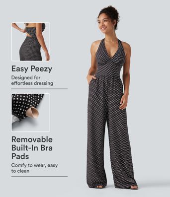 Halter Sleeveless Backless Built-in Bra Polka Dot Print Resort Jumpsuit with Pockets-Easy Peezy Halter Sleeveless Backless Built-in Bra Polka Dot Print Resort Jumpsuit with Pockets-Easy Peezy