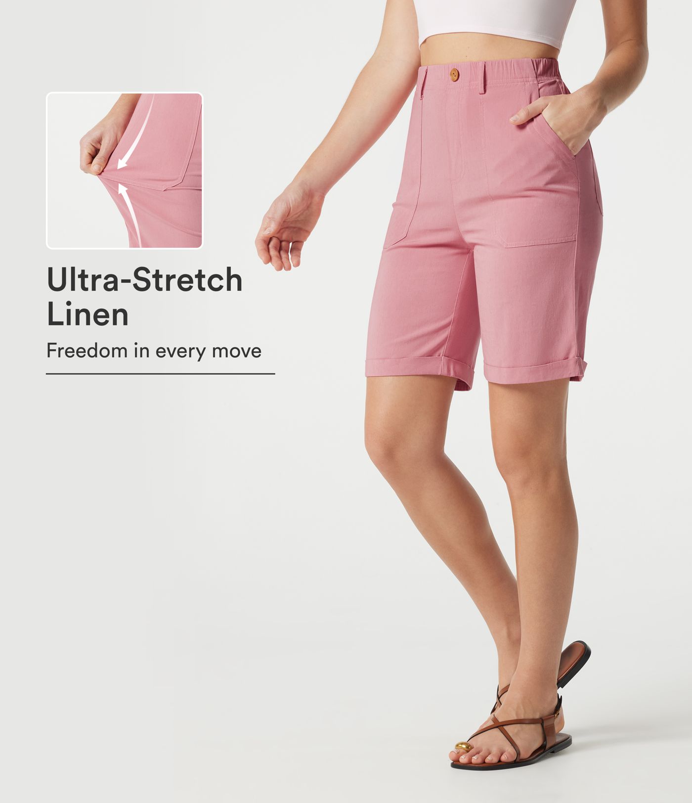 High-waisted Rolled Hem Casual Stretch Linen Bermuda Shorts with Pockets High-waisted Rolled Hem Casual Stretch Linen Bermuda Shorts with Pockets
