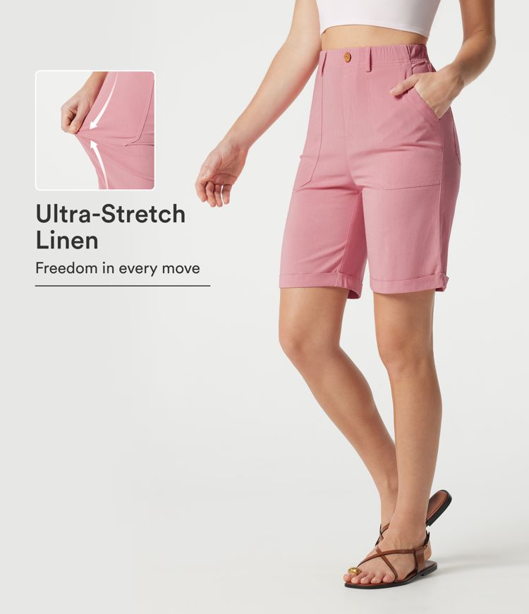 High-waisted Rolled Hem Casual Stretch Linen Bermuda Shorts with Pockets High-waisted Rolled Hem Casual Stretch Linen Bermuda Shorts with Pockets