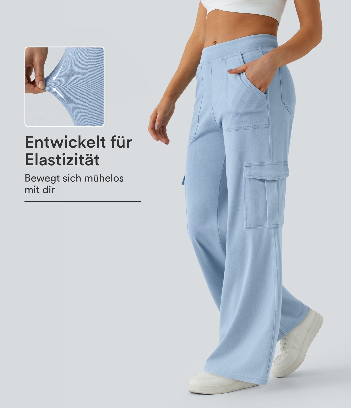 Halara Flex™ lässige Baggy-Hose aus elastischem Strickdenim mit mittelhohem Bund, Cargo-Seitentaschen und geradem Bein Halara Flex™ lässige Baggy-Hose aus elastischem Strickdenim mit mittelhohem Bund, Cargo-Seitentaschen und geradem Bein