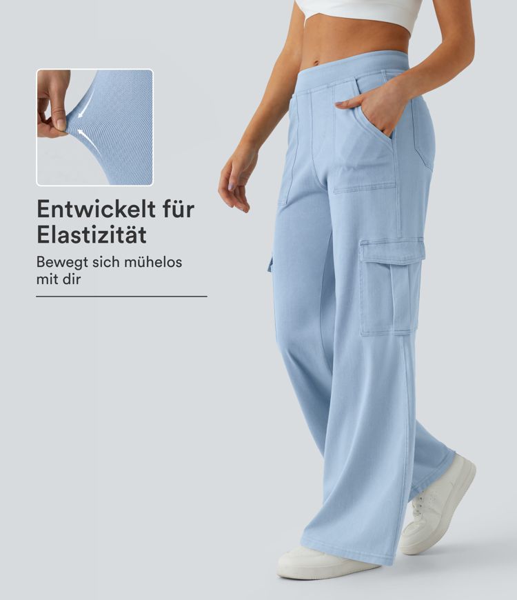 Halara Flex™ lässige Baggy-Hose aus elastischem Strickdenim mit mittelhohem Bund, Cargo-Seitentaschen und geradem Bein Halara Flex™ lässige Baggy-Hose aus elastischem Strickdenim mit mittelhohem Bund, Cargo-Seitentaschen und geradem Bein