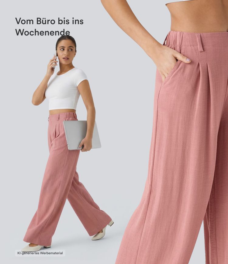Fließende Palazzo-Hose mit hohem Bund, Seitentaschen und weitem Bein - leinenähnliches Material Fließende Palazzo-Hose mit hohem Bund, Seitentaschen und weitem Bein - leinenähnliches Material