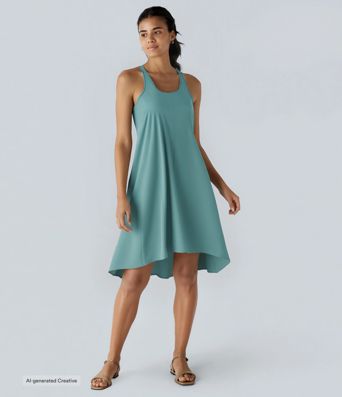 Vestido casual midi Breezeful™ racerback sin espalda con bolsillos laterales, dobladillo asimétrico y secado rápido en copas D-F