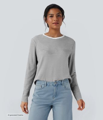 Round Neck Long Sleeve Stripes Relaxed Casual Top