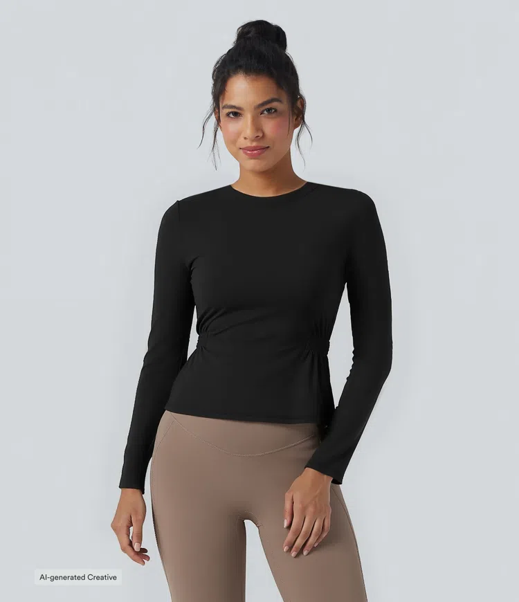Schwarz Softlyzero™ Plush - Gerafftes Yoga-Sport-Top mit langen Ärmeln / 1