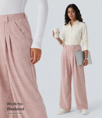 High Waisted Pocket Wide Leg Baggy Houndstooth Plaid Casual Pants