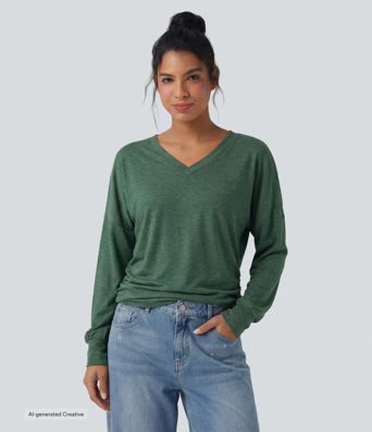 Camiseta casual de manga larga con escote en V, fruncida y de corte holgado Camiseta casual de manga larga con escote en V, fruncida y de corte holgado
