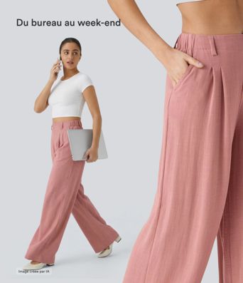 Pantalon Fluide Large Taille Haute Poches Latérales Palazzo Solide Casual Linen-Feel Pantalon Fluide Large Taille Haute Poches Latérales Palazzo Solide Casual Linen-Feel