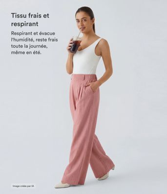 Pantalon Fluide Large Taille Haute Poches Latérales Palazzo Solide Casual Linen-Feel Pantalon Fluide Large Taille Haute Poches Latérales Palazzo Solide Casual Linen-Feel