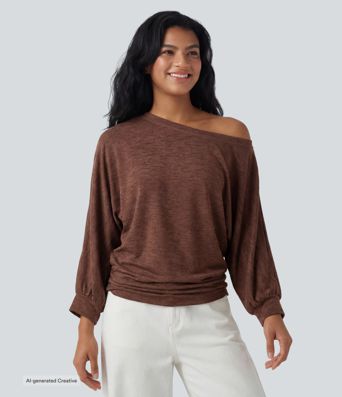 Semi Sheer One-shoulder 3/4 Sleeve Ruched Casual T-Shirt