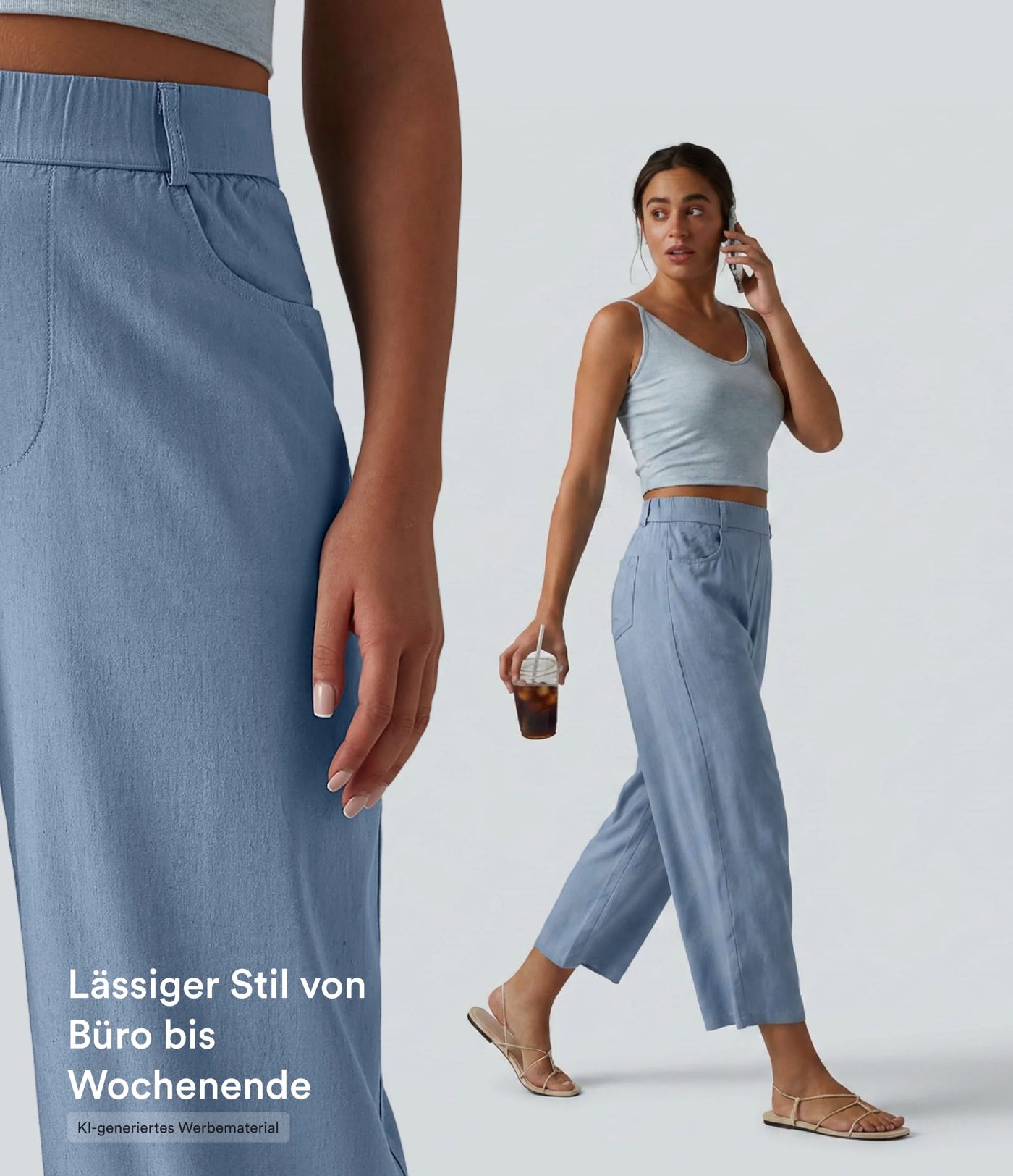 Lässige Hose aus elastischem Leinen mit hohem Bund, mehreren Taschen und Barrel-Leg Lässige Hose aus elastischem Leinen mit hohem Bund, mehreren Taschen und Barrel-Leg
