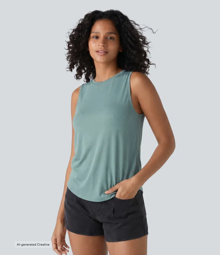 Clear Green Ribbed Round Neck Basic Casual Tank Top / 1