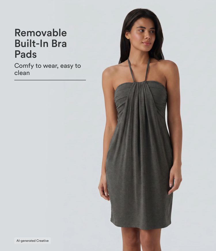 Halter Tie Back Built-in Bra Longer Mini Dress with Pockets Halter Tie Back Built-in Bra Longer Mini Dress with Pockets