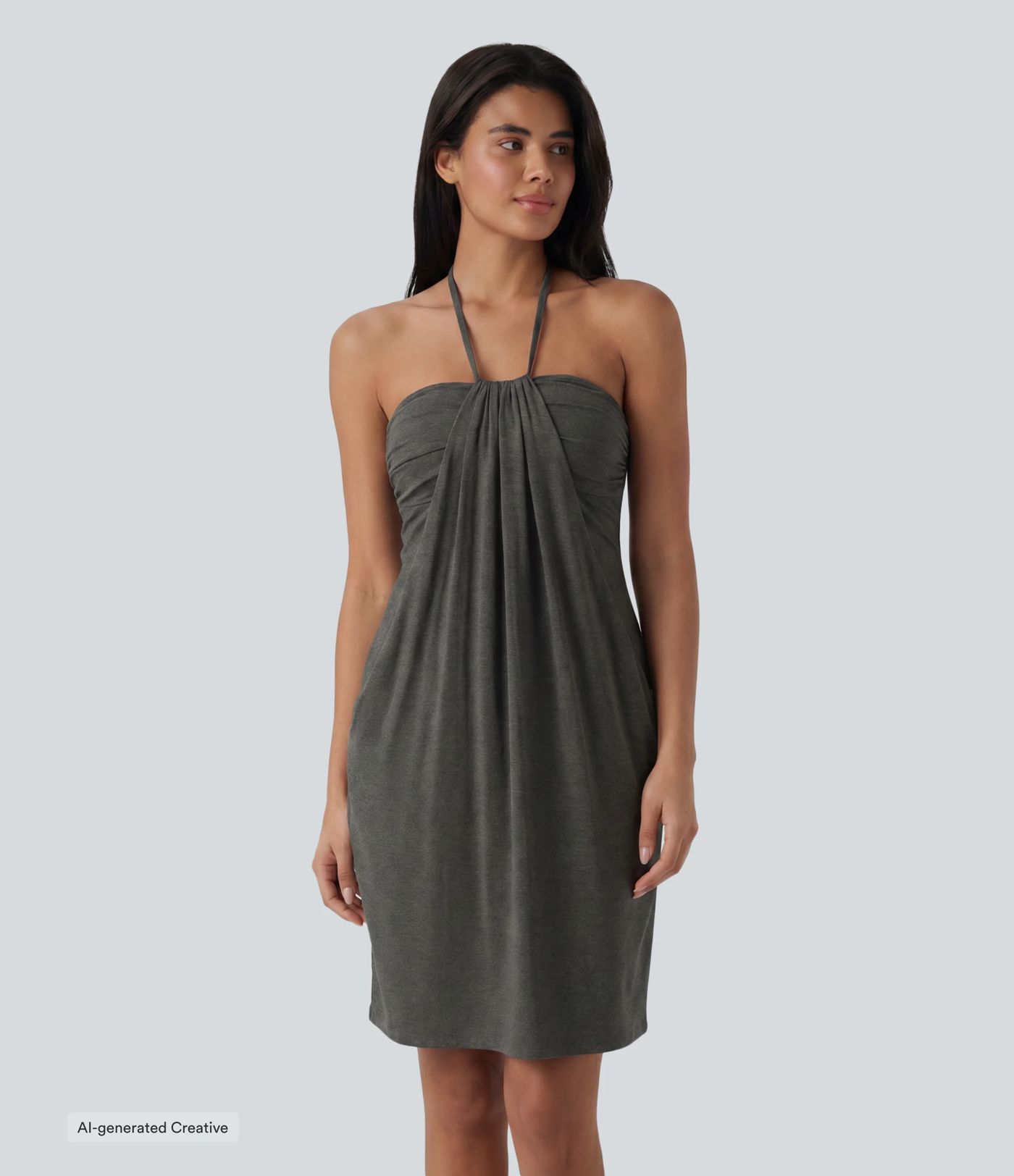Halter Tie Back Built-in Bra Longer Mini Dress with Pockets